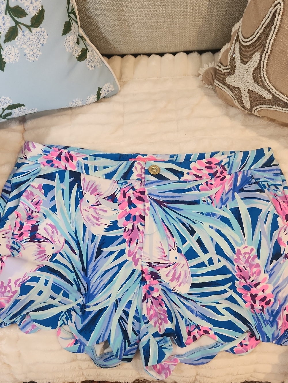 Lilly Pulitzer Blue Tropical Scallop Hem Shorts with Pink Accents